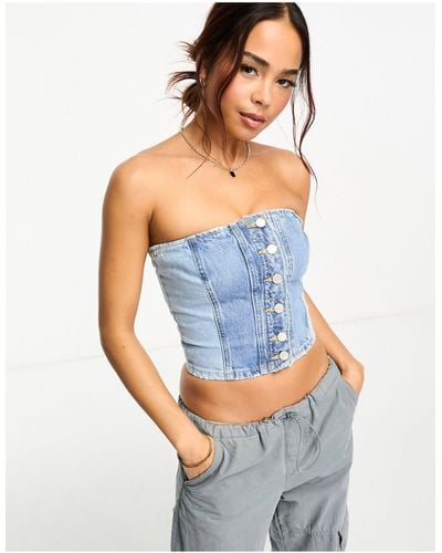 Pull&Bear Two Tone Contrast Denim Corset Top Co-ord - Blue