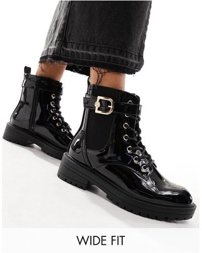 River Island Wide Fit Lace Up Boot With Gold Buckle - Black