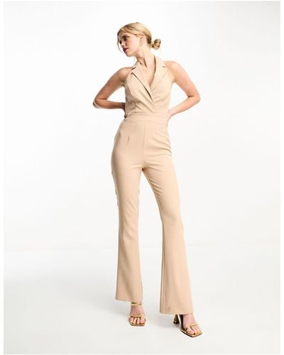 In The Style Tailored Halterneck Sleeveless Flared Jumpsuit - Natural
