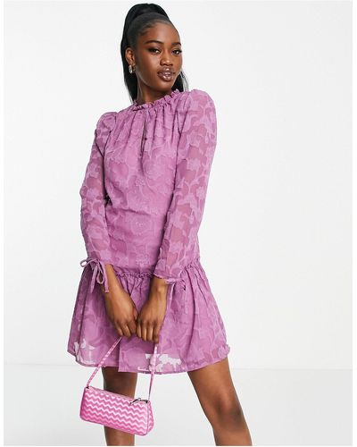 Little Mistress Long Sleeve Mini Dress With Ruffle Skirt - Purple