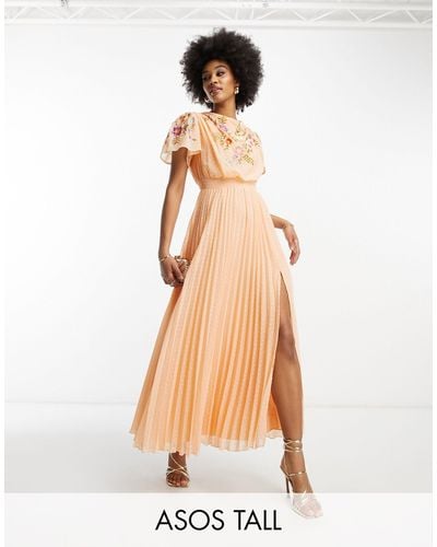 ASOS Asos Design Tall Pleated Dobby Cowl Front Embroidered Maxi Dress With Belt - Natural