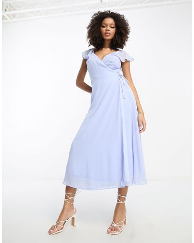 Vila Bridesmaid Wrap Full Skirt Maxi Dress With Flutter Sleeves - Blue