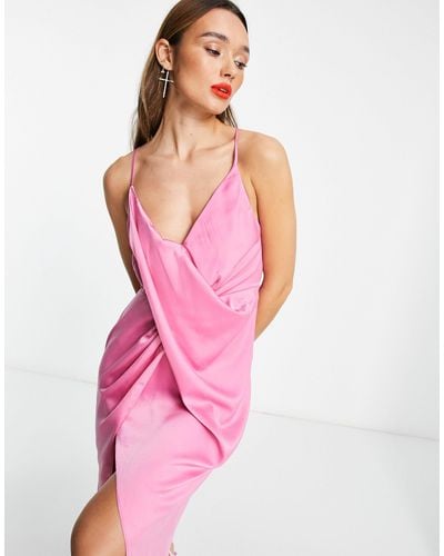 ASOS Drape Detail Satin Midi Dress With Strappy Back - Pink
