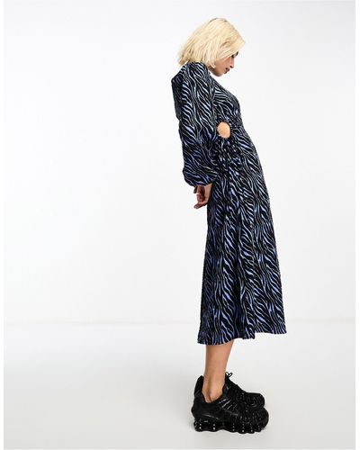 Daisy Street Vestito midi stropicciato con stampa astratta e cut-out laterali con laccetti - Blu