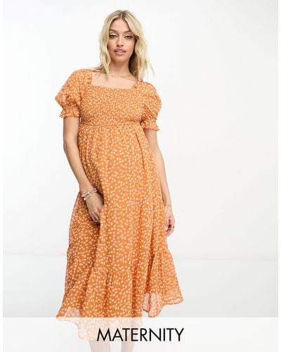 Influence Maternity Shirred Front Tiered Midi Dress - Orange