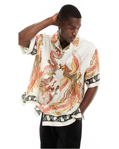 ASOS Boxy Revere Trapped Satin Shirt With Phoenix Placement - Multicolor