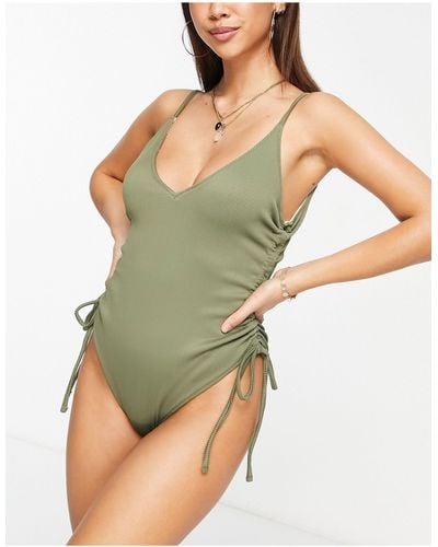 We Are We Wear Nicola - maillot 1 pièce côtelé - olive et crème - Vert