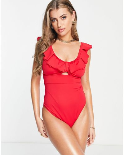 Pour Moi Fuller Bust Space Frill Swimsuit - Red