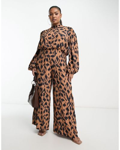 Never Fully Dressed Tuta jumpsuit a fondo ampio con stampa leopardata - Marrone