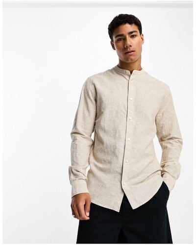 Only & Sons Linen Mix Grandad Collar Shirt - Natural