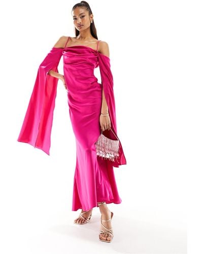 ASOS Satin Cold Shoulder Maxi Dress With exaggerated Sleeve - Pink