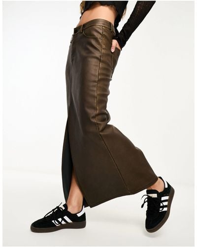 Stradivarius Faux Leather Midi Skirt With Split Front - Black