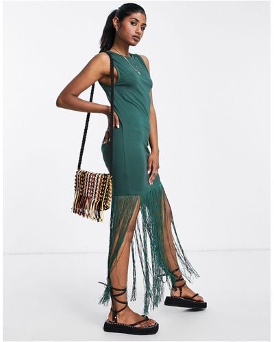 ASOS Racer Front Tank Midi Dress With Fringing - Green