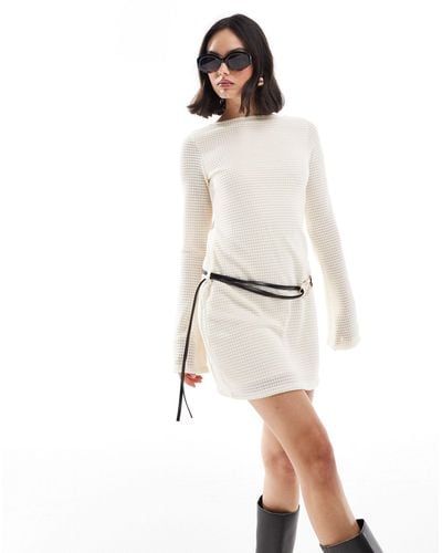 ASOS Crochet Flared Sleeve Mini Dress With Belt - White