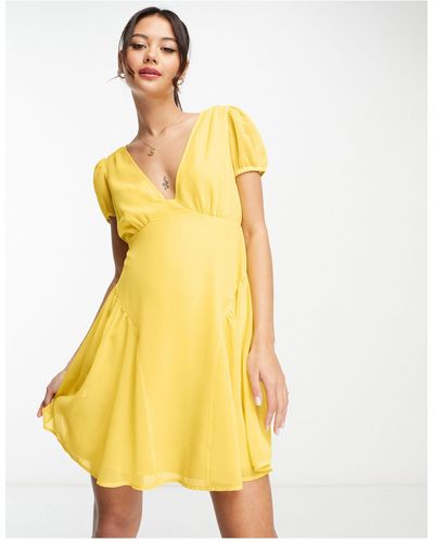 ASOS Short Sleeve V Neck Chiffon Mini Dress - Yellow