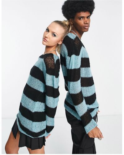 Collusion Unisex Knitted Open Stitch Striped Jumper - Blue