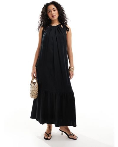 & Other Stories Tiered Hem Maxi Dress With Gathered Tie Neck Detail And Keyhole Back - Black