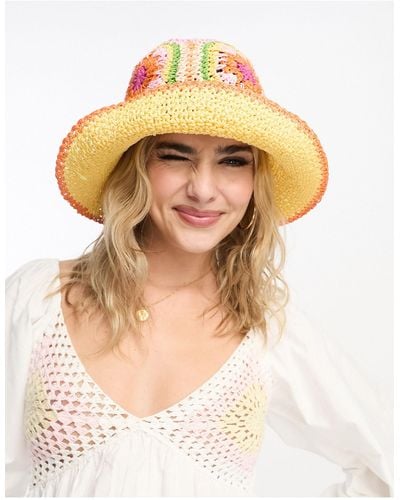 ASOS Straw Crochet Bucket Hat With Floral Design - Multicolour