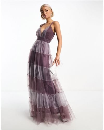 LACE & BEADS Tulle Two-tone Maxi Dress - Purple