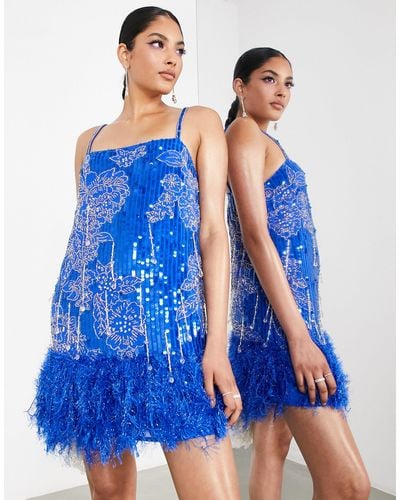 ASOS Mini-jurk Met Gebloemde Lovertjes, Kraaltjes En Zoom Met Imitatieveren - Blauw