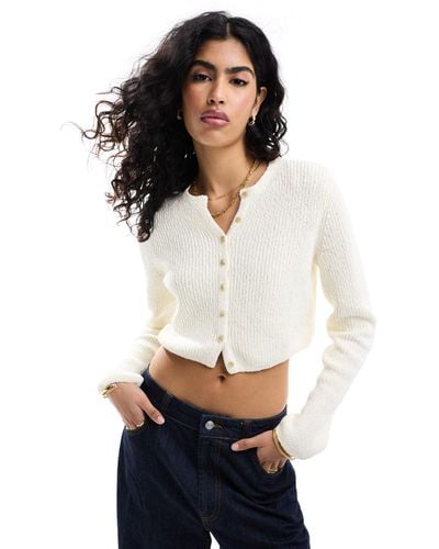 & Other Stories Cropped Knitted Ribbed Cardigan With Button Front - White