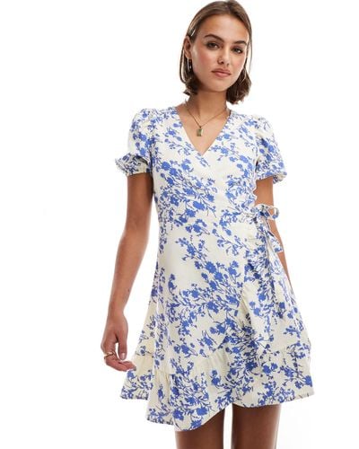 Brave Soul Floral Print Wrap Dress - Blue