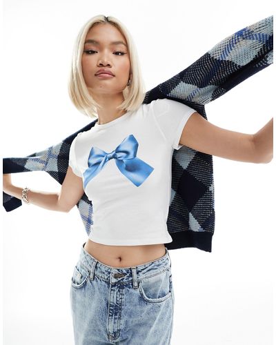 Monki Short Sleeve T-shirt With Bow Graphic Print - Blue