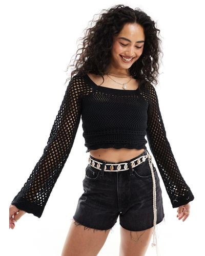 Miss Selfridge Crochet Square Neck Top - Black