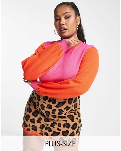 Never Fully Dressed – langärmliges minikleid mit kontrastierendem pink und rot und leopardenprint - Orange