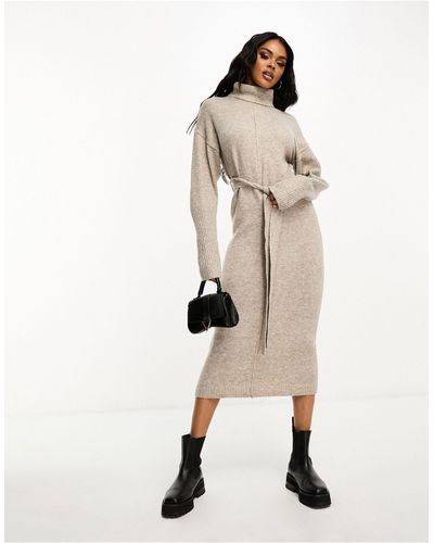In The Style Exclusive Knitted Roll Neck Belted Midi Dress - Natural