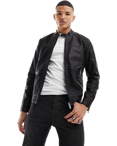 Only & Sons Faux Leather Racer Jacket - Black