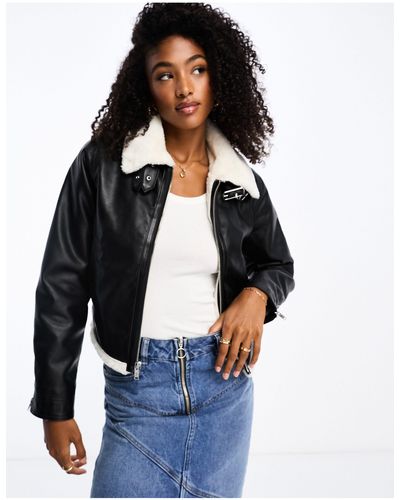 Hollister Faux Leather Cropped Biker Jacket With Faux Fur Lining - Blue