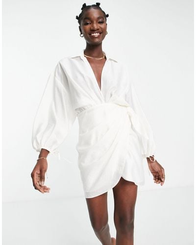 ASOS Drape Wrap Front Mini Dress With Oversize Blouson Sleeve And Open Back Detail - White