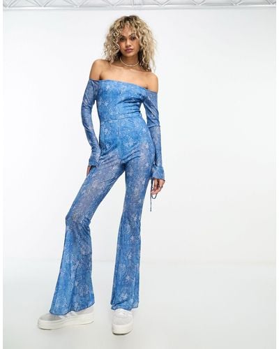 Annorlunda Bardot Flare Catsuit With Tie Fluted Sleeves - Blue