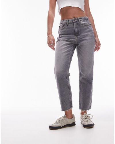 Topshop Unique Topshop Mid Rise Straight Jeans With Raw Hem - Grey