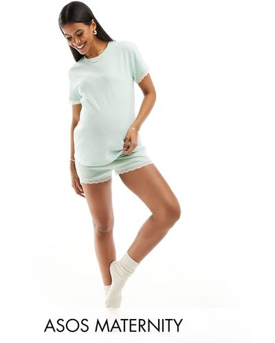 ASOS Asos design maternity - mix & match - pantaloncini del pigiama premaman verdi a coste e con pizzo - Bianco