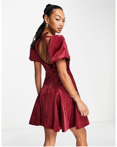 ASOS Puff Sleeve Velvet Mini Dress With Godet Detail - Red