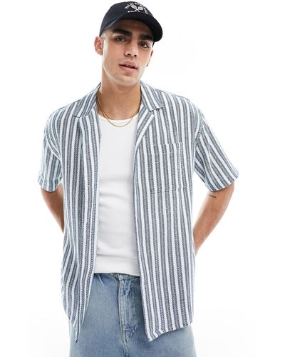 New Look Short Sleeved Textured Stripe Patterned Shirt - Blue