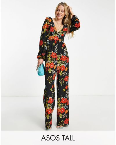 ASOS Asos design tall – langärmliger jumpsuit aus blasenkrepp mit blumenmuster und knopfverschluss auf der rückseite - Weiß