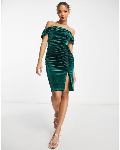 Style Cheat Bardot Ruched Velvet Mini Dress - Green