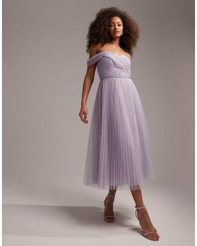 ASOS Bridesmaid Off Shoulder Tulle Midi Dress With Tie Back And Pleated Skirt - Purple