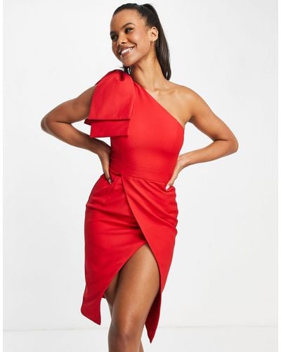 Lavish Alice Bow Shoulder Wrap Midi Dress - Red