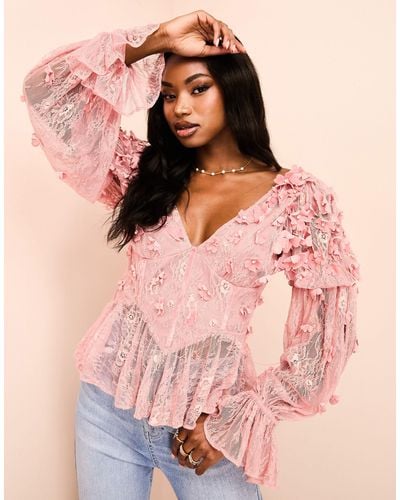 ASOS Mesh Long Sleeved Top With Velvet Flowers And Pearl Embellishment - Pink