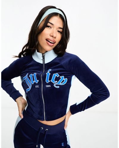 Juicy Couture Velour Zip Through Track Top With Collegiate Logo Co-ord - Blue