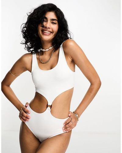 Monki Ribbed Side Cut Out Swimsuit With Front Ring Detail - White