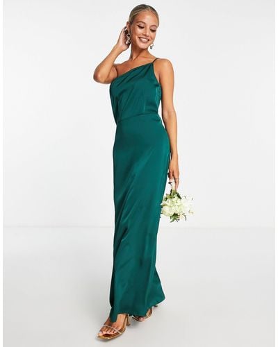 Vila Bridesmaid Satin Strappy One Shoulder Maxi Dress - Green