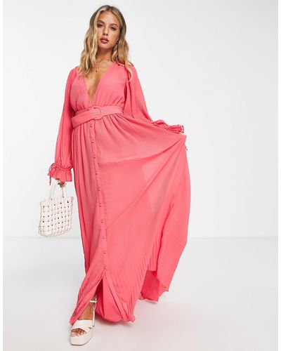 ASOS Pleated Blouson Sleeve Maxi Dress With Belt Detail - Pink