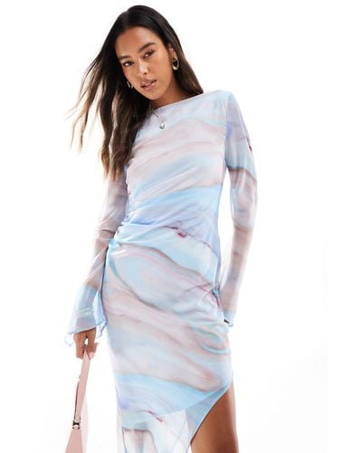 ASOS Slash Neck Chiffon Mini Dress With Asymmetric Trailing Hem - Blue