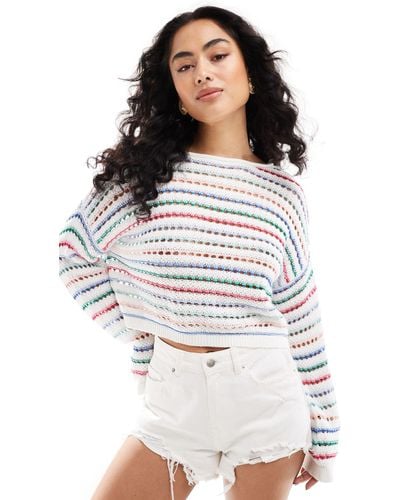 Hollister Long Sleeve Crochet Striped Jumper - White