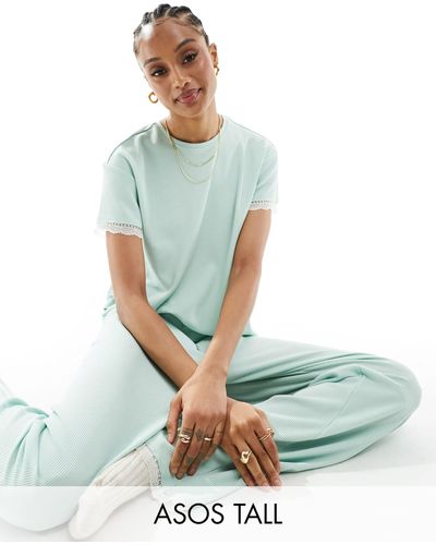 ASOS Asos Design Tall Mix & Match Waffle & Lace Pajama Trouser - Green